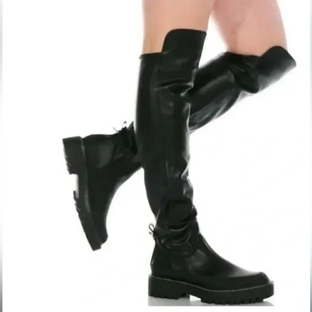 Sam Edelman Lerue Over The Knee Stretch Side Zip Lug Combat Boots Black NWOB